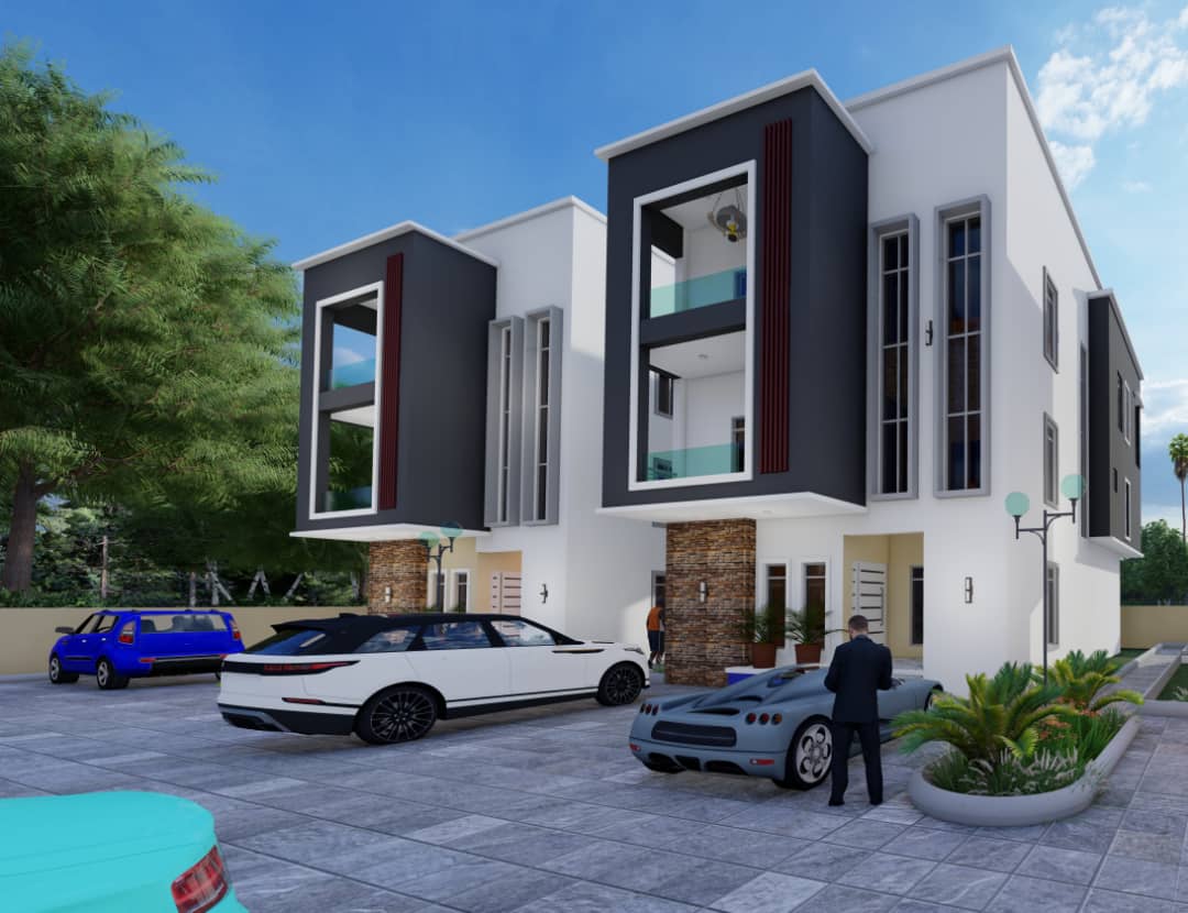 Semi-detached duplex pair with shared forecourt and parking